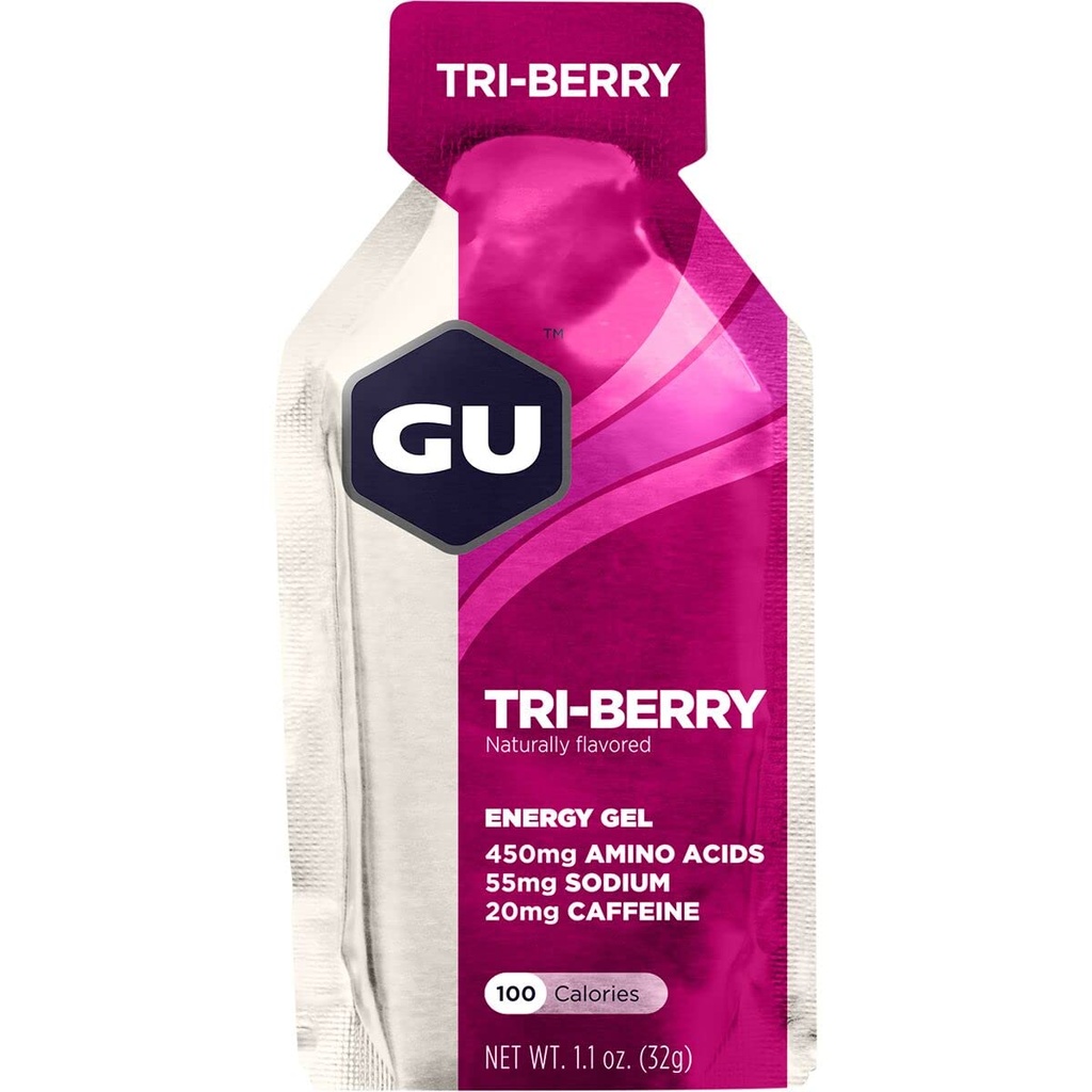 GU Energy Original Sports Nutrition Gel 8-Grev Vanilla Bean og 8-Grev Tri- Berry Bundle med Aminosyrer og elektrolyter