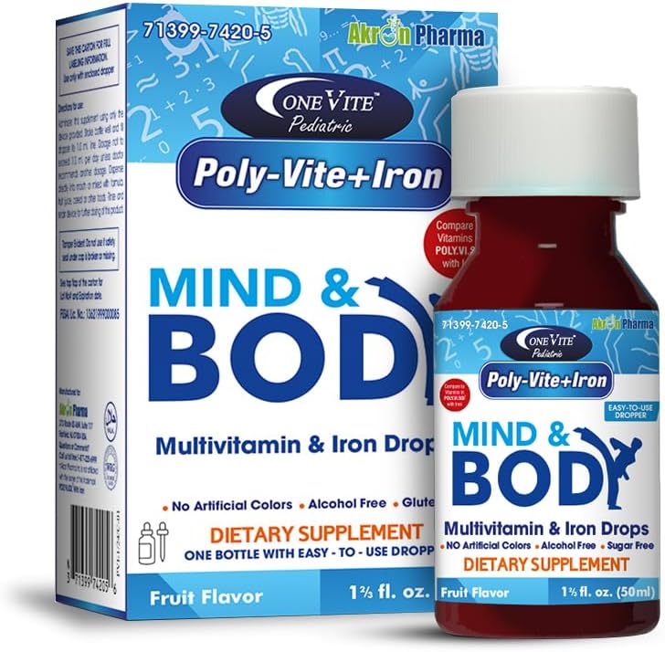 Poly- Vite + Iron Multivitamin jerndråber til spædbørn og småbørn - Understøtter stærk vækst, hjerne udvikling, immunforsvar - Ingen kunstige farver, Glutenfri, 50ml dråbetæller flaske med én Vite