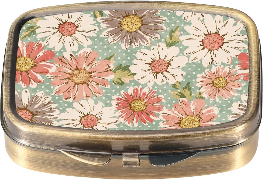Dynippy Pill Case Pill Box med spejl Retro Pocket 2 Compartment Medicine Case Vitamin Pill Organizer til Pocket Purse og Rejser (A- Retro Flower)