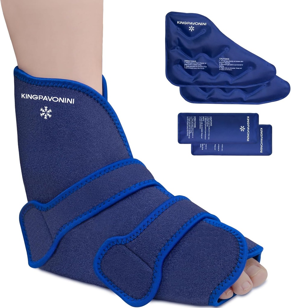 KingPavonini Ankle Foot Ice Pack Wrap til Sprained Ankle og Kirurgi Inddrivelse, Genanvendelige Gel Ice Packs til Feet Skader, Plantar Fasciitis, Achilles Tendonitis, Hot / Cold Therapy (1 Wrap + 4 Gel Packs)