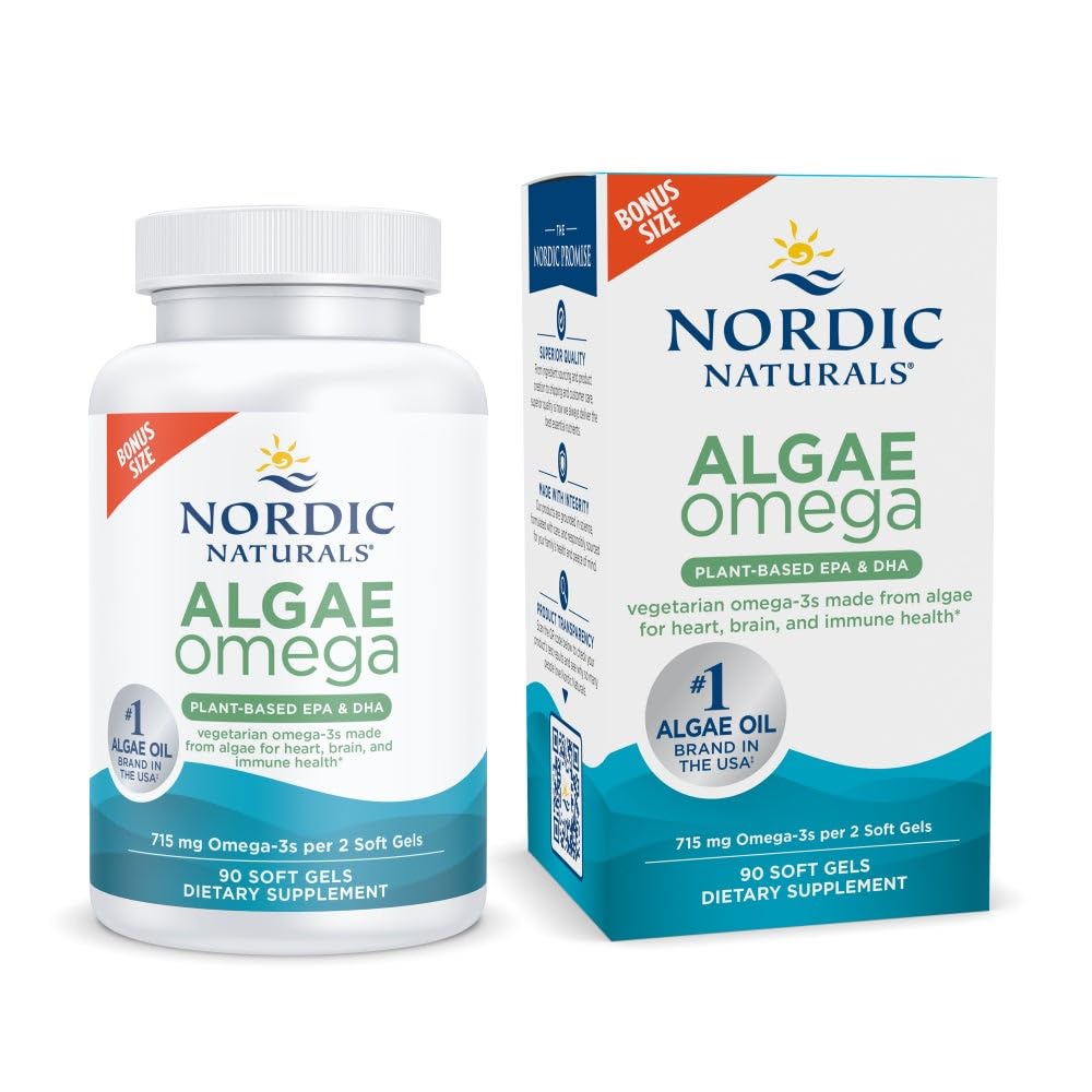 Nordic Naturals Algae Omega - 90 Soft Gels - 715 mg Omega-3 - Certificeret Vegan Algae Oil - Plantbaseret EPA & DHA - Heart, Eye, Immuno & Brain Health - Non-GMO - 45 Servering