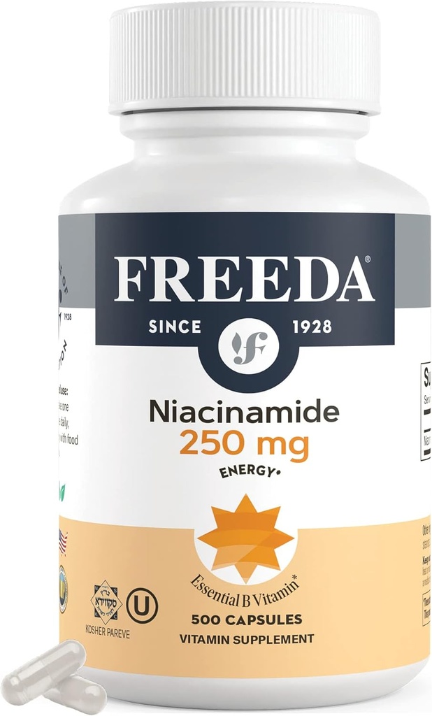 Freeda Niacinamid - Vitamin B3 Niacinamid 250 mg - Vegetarisk No Flush Niacin Formel - B3 Vitamin Niacinamid Supplement - Niacin Flush Free Niacin Supplement Vitamin B3 Nicotinamid, 500 Kapsler