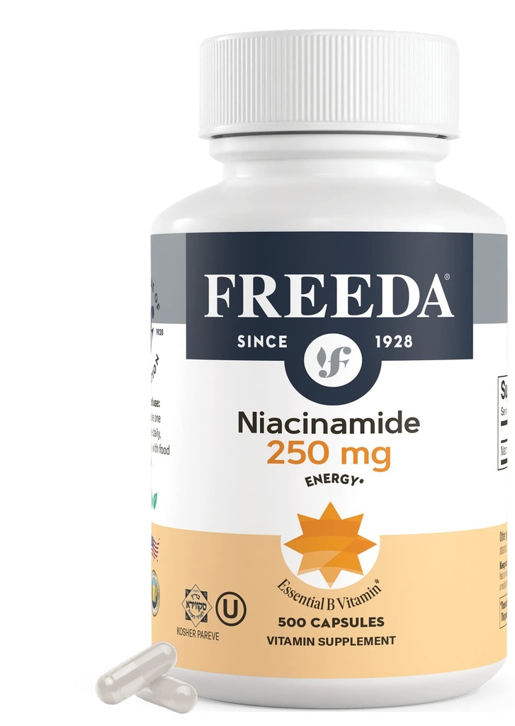 Freeda Niacinamid - Vitamin B3 Niacinamid 250 mg - Vegetarisk No Flush Niacin Formel - B3 Vitamin Niacinamid Supplement - Niacin Flush Free Niacin Supplement Vitamin B3 Nicotinamid, 500 Kapsler