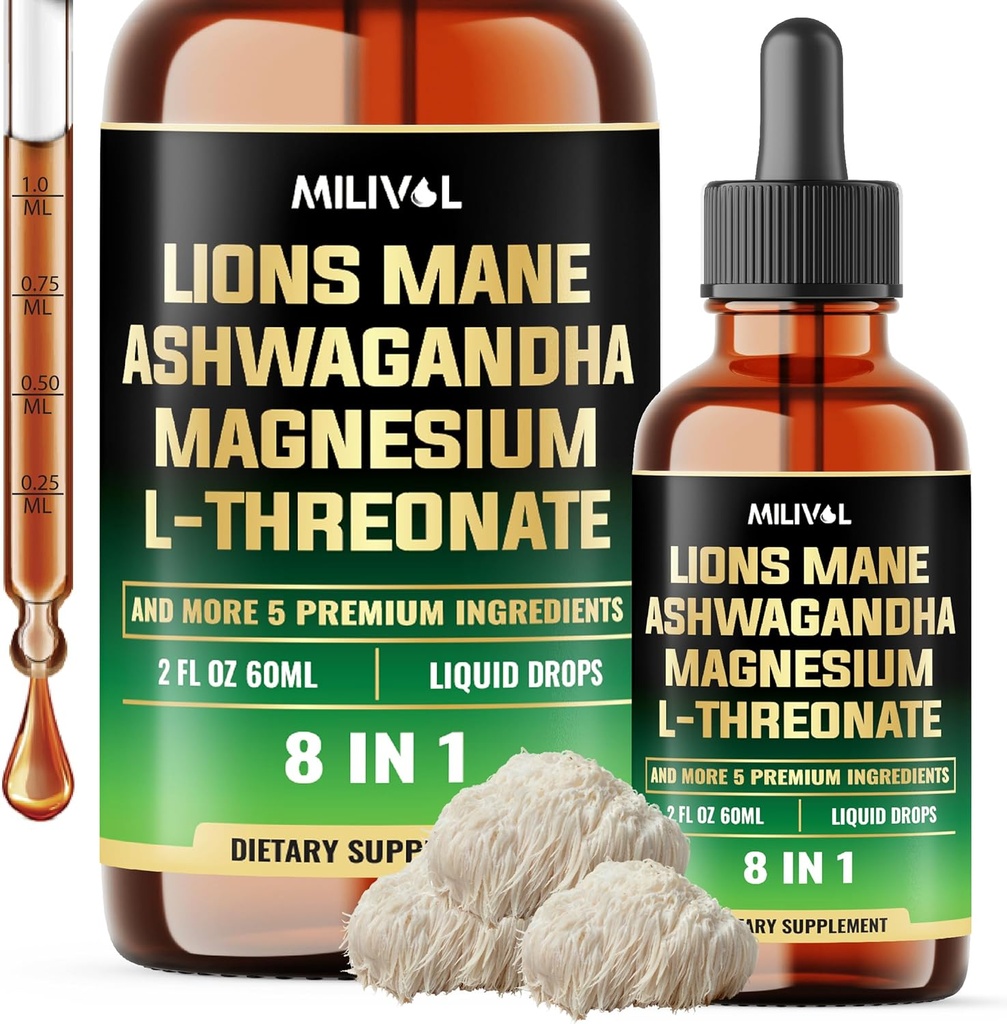8in1 Lions Mane Liquid Drops med Ashwagandha Root, Magnesium L- Threonate & 5 Urter - Mood Balance, Brain Health, Immun - 60 dages forsyning - 2Fl oz