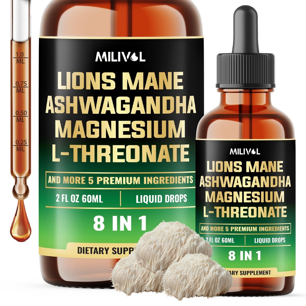8in1 Lions Mane Liquid Drops med Ashwagandha Root, Magnesium L- Threonate & 5 Urter - Mood Balance, Brain Health, Immun - 60 dages forsyning - 2Fl oz