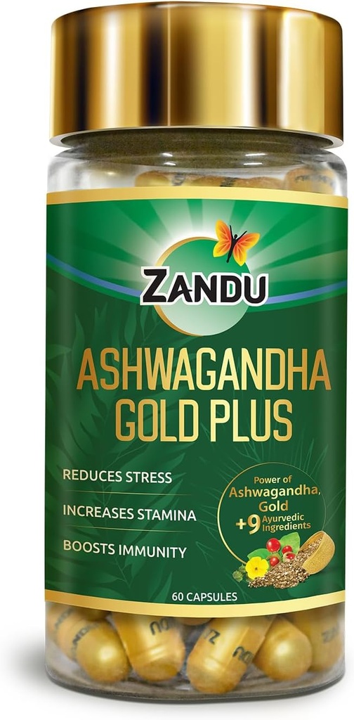 Zandu Ashwagandha Gold Plus, Lavet med guld, Ashwagandha, Safed Musli, Shilajit & Andre ayurvediske ingredienser, Hjælper til Boost Stamina, Styrker Immunitet, 60 Caps