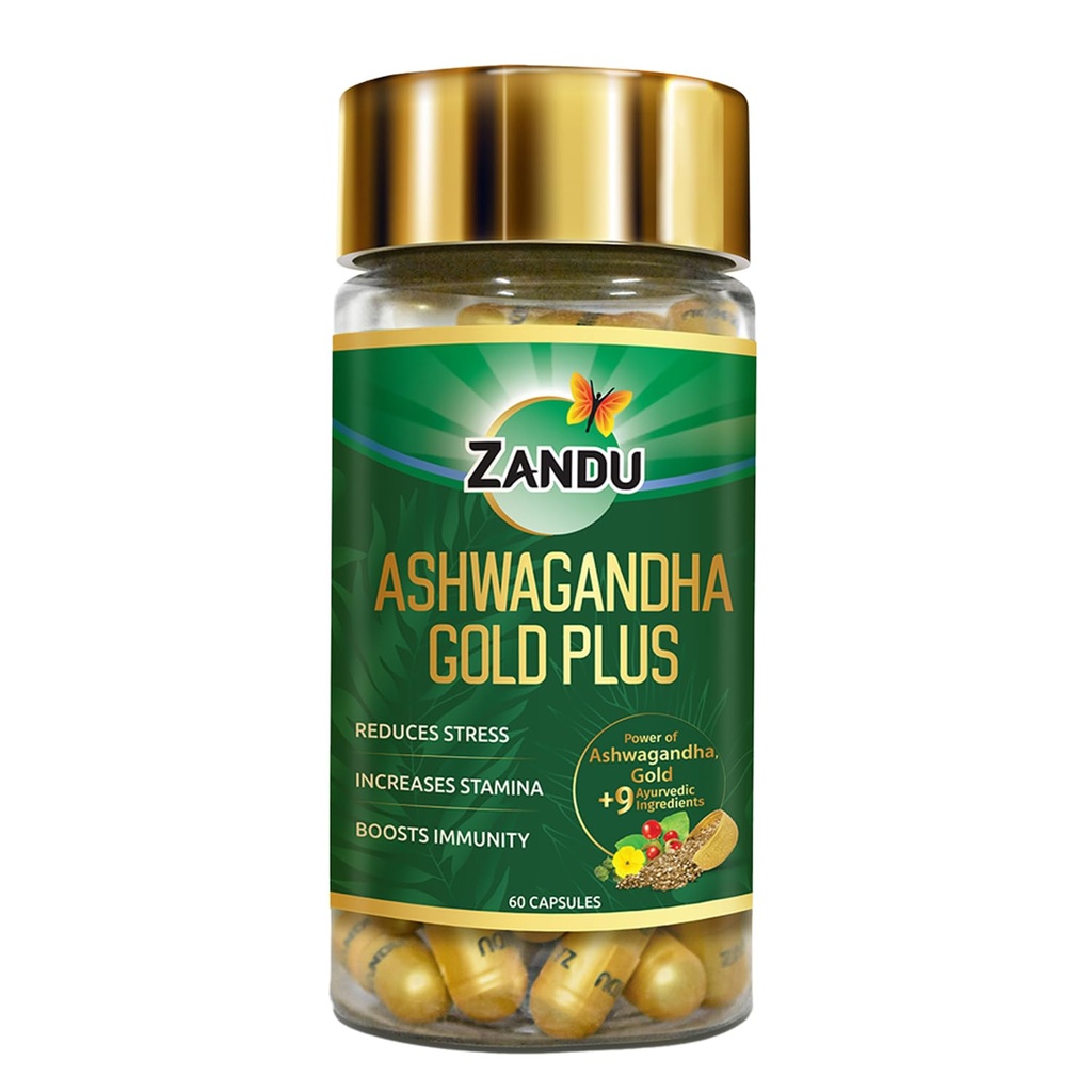 Zandu Ashwagandha Gold Plus, Lavet med guld, Ashwagandha, Safed Musli, Shilajit & Andre ayurvediske ingredienser, Hjælper til Boost Stamina, Styrker Immunitet, 60 Caps