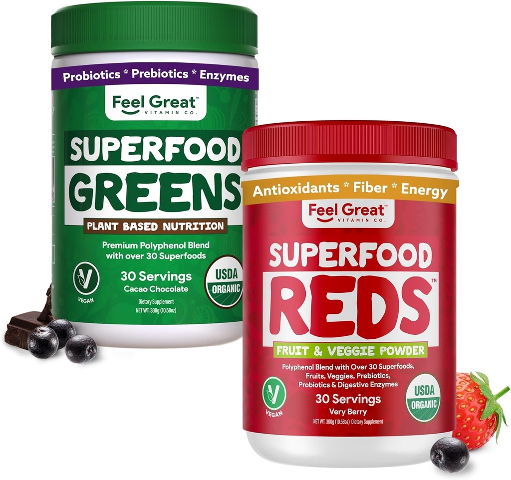 Feel Great USDA Organic Red & Super Green Powder Combo (2- Pack) Combo 124; Over 35 + Grønne, Fruits & Veggies, Fiber, Probiotika & fordøjelsesfremmende enzymer