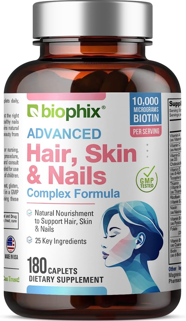 biophix hår hud og negle kompleks 180 kapsler med 10.000 mcg biotin - Multivitamin understøtter stærke negle smukke hår sund aldring