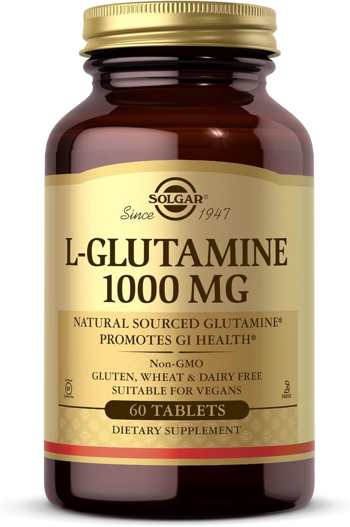 Solgar L- Glutamin 1000 mg, 60 tabletter - Natural Muscle Food - Promodes Gastrointestinal (GI) Health - Understøtter Brain Health - Non- GMO, Vegan, Gluten Free, Kosher - 30 Serveringer