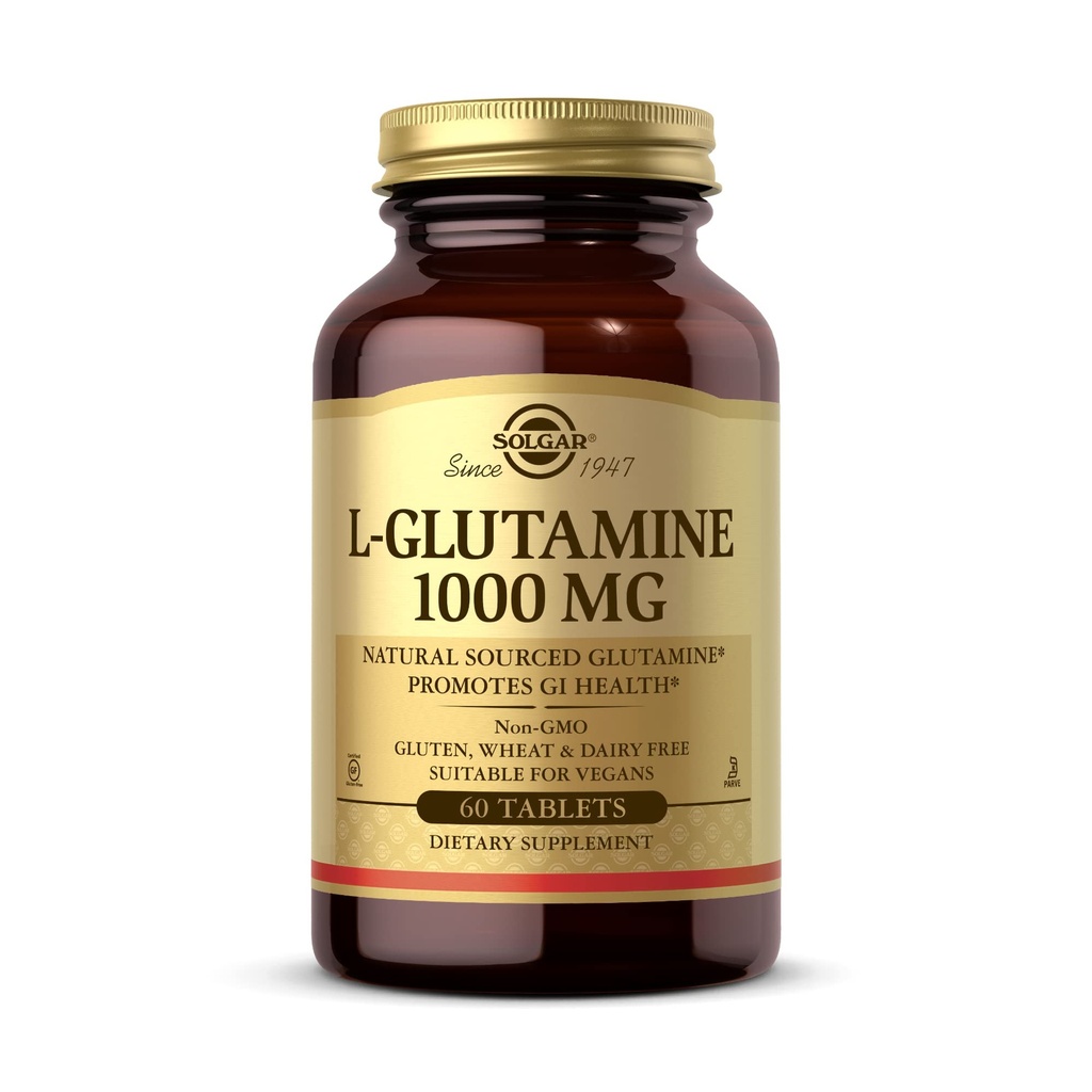 Solgar L- Glutamin 1000 mg, 60 tabletter - Natural Muscle Food - Promodes Gastrointestinal (GI) Health - Understøtter Brain Health - Non- GMO, Vegan, Gluten Free, Kosher - 30 Serveringer