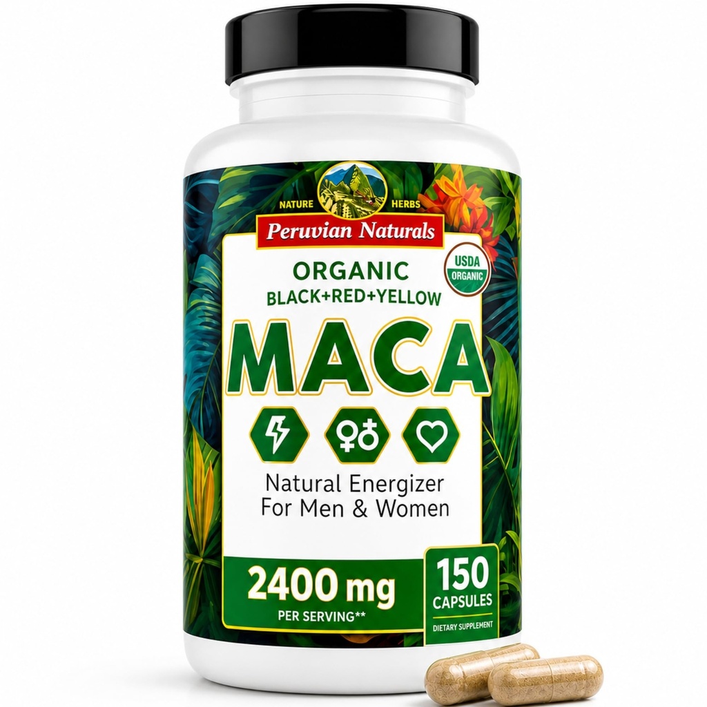 Organic Maca Root Capsules for Women & Men 2400mg per servering - 150 Pills Black, Red, Gul Maca Supplement - Gelatinized Macaroot, Non- GMO, Vegan af Peruvian Naturals