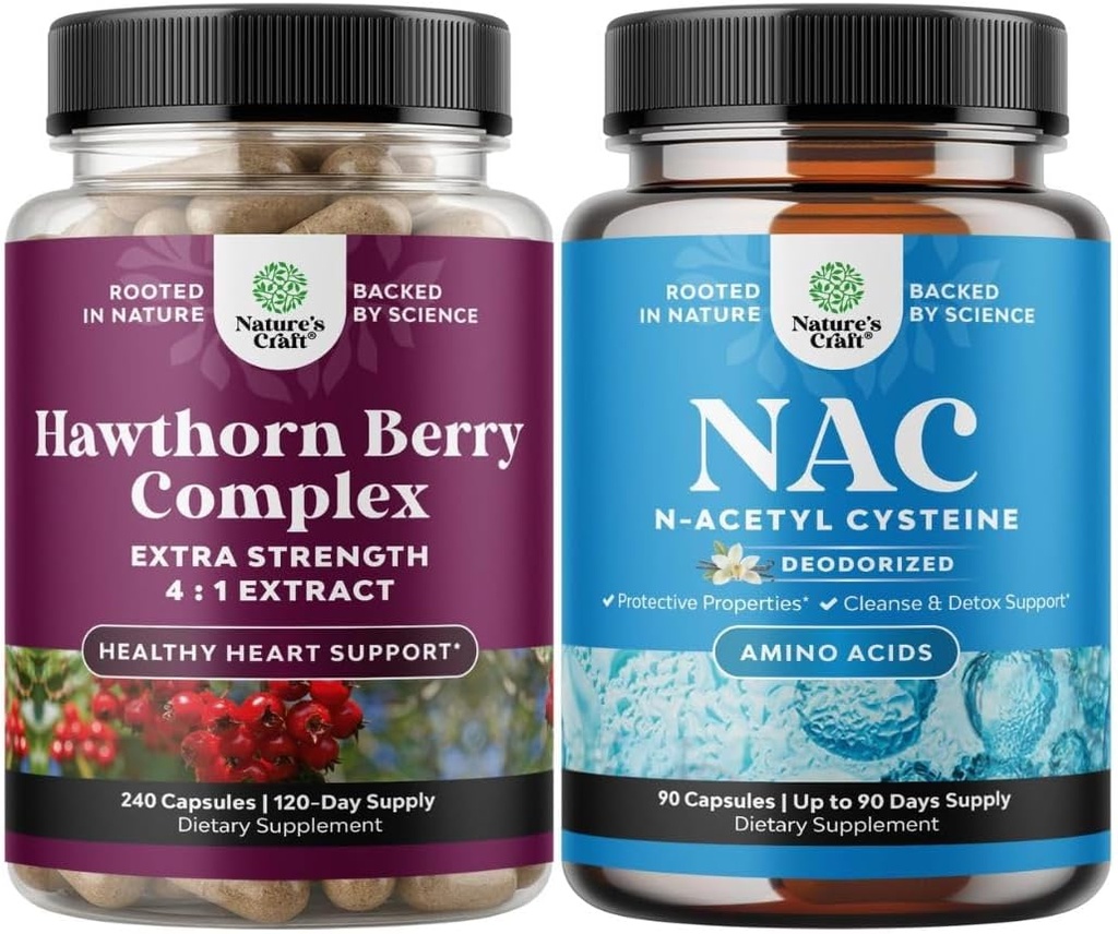 Bundle of High Strength Hawthorn Berry Capsules with Leaf & Flower Extract 4: 1 for sund hjerte & fordøjelse og NAC Supplement N- Acetyl Cysteine 600mg - Glutathione Precursor til lever rense Detox