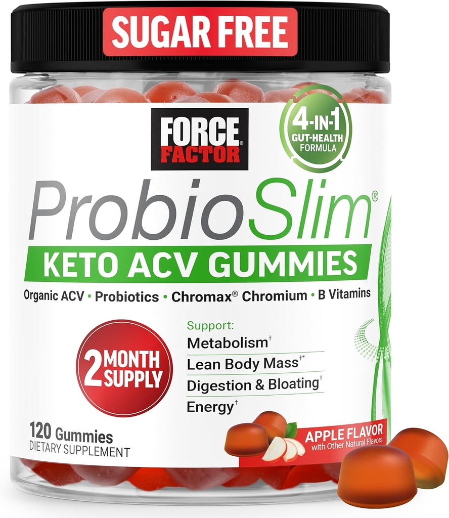 Kraftfaktor ProbioSlim Keto ACV Gummies, Organic Apple Cider Vincious Gummies med LactoSpore Probiotika & Prebiotika til støtte fordøjelse, Metabolisme, og immunforsvar, 1 Net Carb, Apple Flavor, 120ct