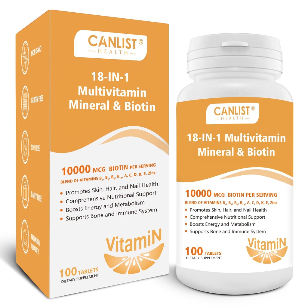 Hår Hud og negle Multi- Vitamin til mænd og kvinder, 10000mcg Biotin & Multimineral, Indeholder B- Vitaminer, Vitaminer C, E & D3, Spormineraler, Zink, Gluten- Free, Dairy- Free, Soy- Free, 100 tabletter