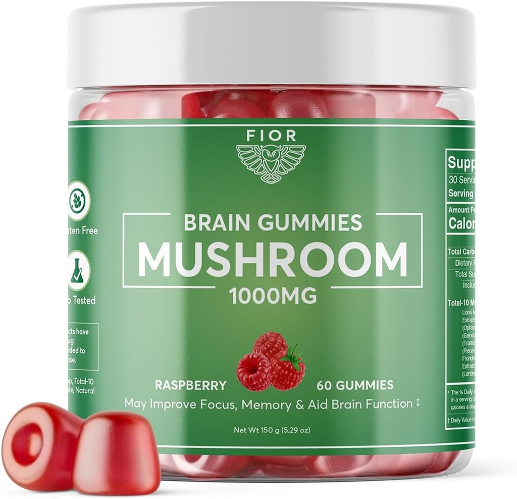 FIOR Mushroom Gummy Total 10 Mushroom Blend Supplement, 60 Greve, 10 Mushroom Complex, Lions Mane, Chaga, Cordyceps, Reishi Extract, Mushroom Supplement Mushroom Gummies