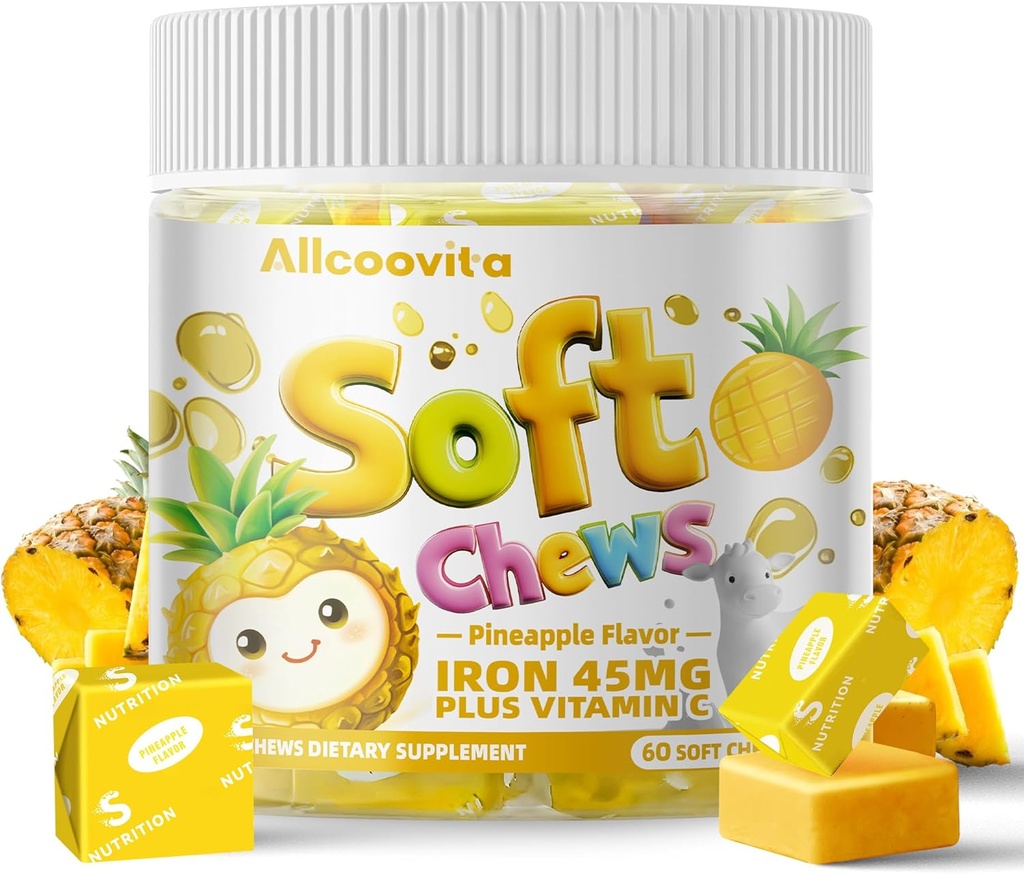 Iron Soft Chews Supplement med C-vitamin 124; Ananas Flavored
