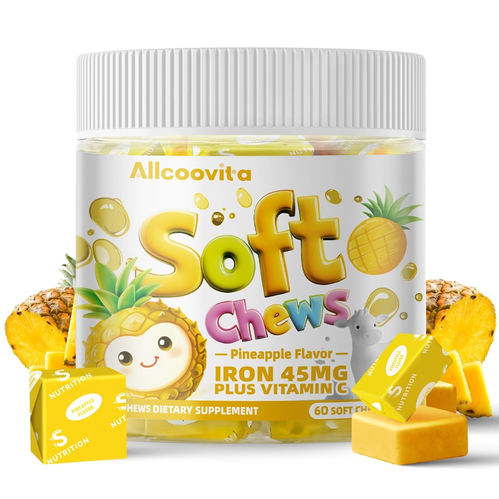 Iron Soft Chews Supplement med C-vitamin 124; Ananas Flavored