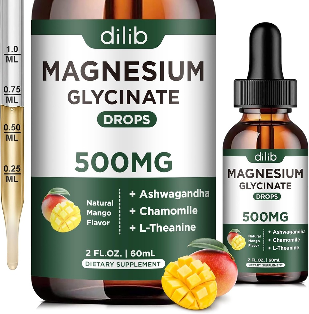Magnesium Glycinate Supplement, Magnesium Flydende dråber med Magnesium Glycinate 500mg Ashwagandha, L - Theanin, Kamille -Support Stress Relief, Ben, Muskel, Mood Vegan Natural Mango Flavor