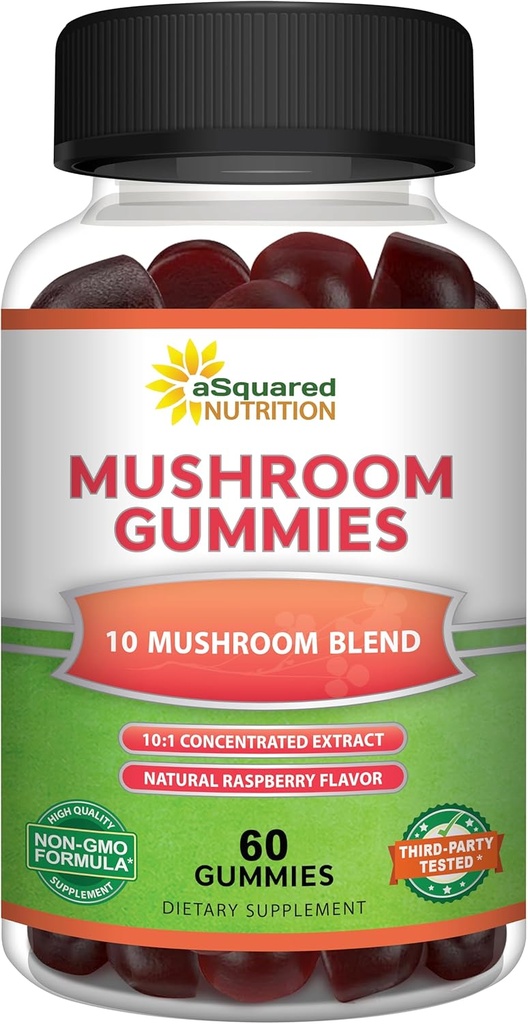 aSquared Nutrition Mushroom Gummies - 10x Complex Supplement - Lions Mane, Tyrkiet Hale, Reishi, Cordyceps, Chaga - Energi, Fokus, immunforsvar til mænd og kvinder - Erstat pulver, kapsler og piller