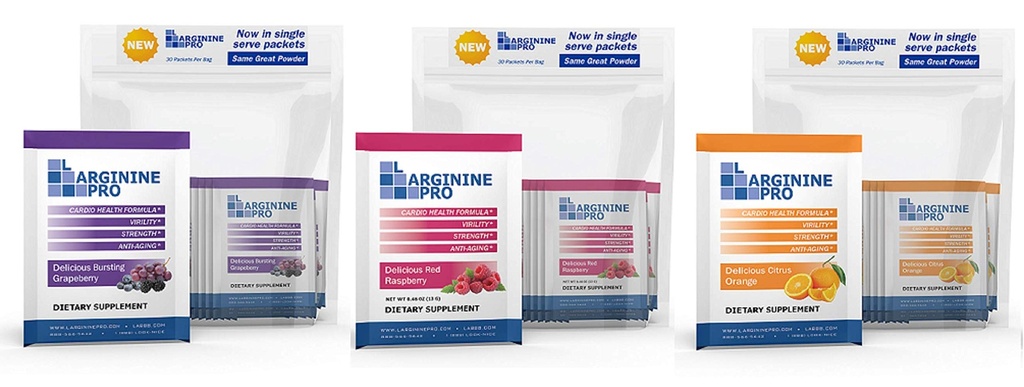 L- ARGININE PRO supplement Pulver • 124; 90 Pakker Single Serve Travel Størrelse • 124; 5,500 mg L- arginin Plus 1.100mg L- Citrullin, Hindbær, Orange & Grape