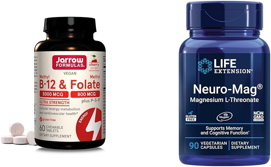 Jarrow Formulas Ultra Strength Methyl B- 12 5000 mcg & Methyl Folate 800 mcg + P- 5- P & Life Extension Neuro- mag Magnesium L- threonat, Magnesium L- threonat, Brain Health, Hukommelse & Opmærksomhed