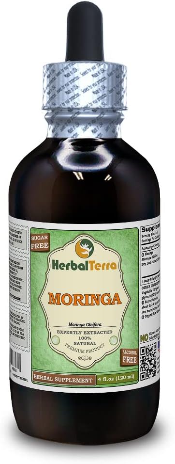 Moringa (Moringa Oleifera) Glycerit, Organic Tørret Leaf Powder Alkohol- Free Liquid Extract (Brand Name: HerbalTerra, Stolt Made in USA) 4 fl.oz (120 ml)