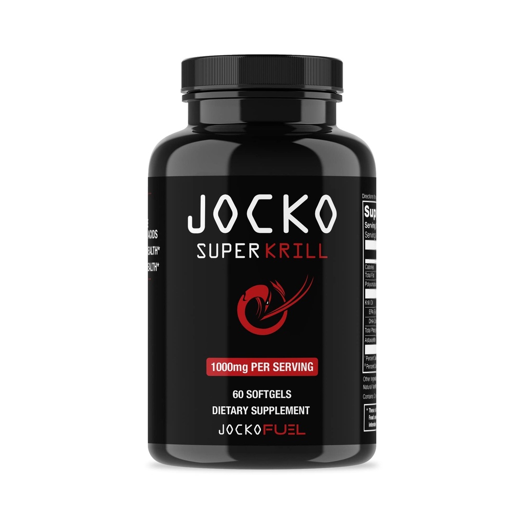Jocko Fuel Antarktis Krill Oil Omega 3 Fedtsyretilskud DHA & EPA - 1000 mg Softgels - Understøtter Joints, Mobility & Mental Funktion (60 Softgels)