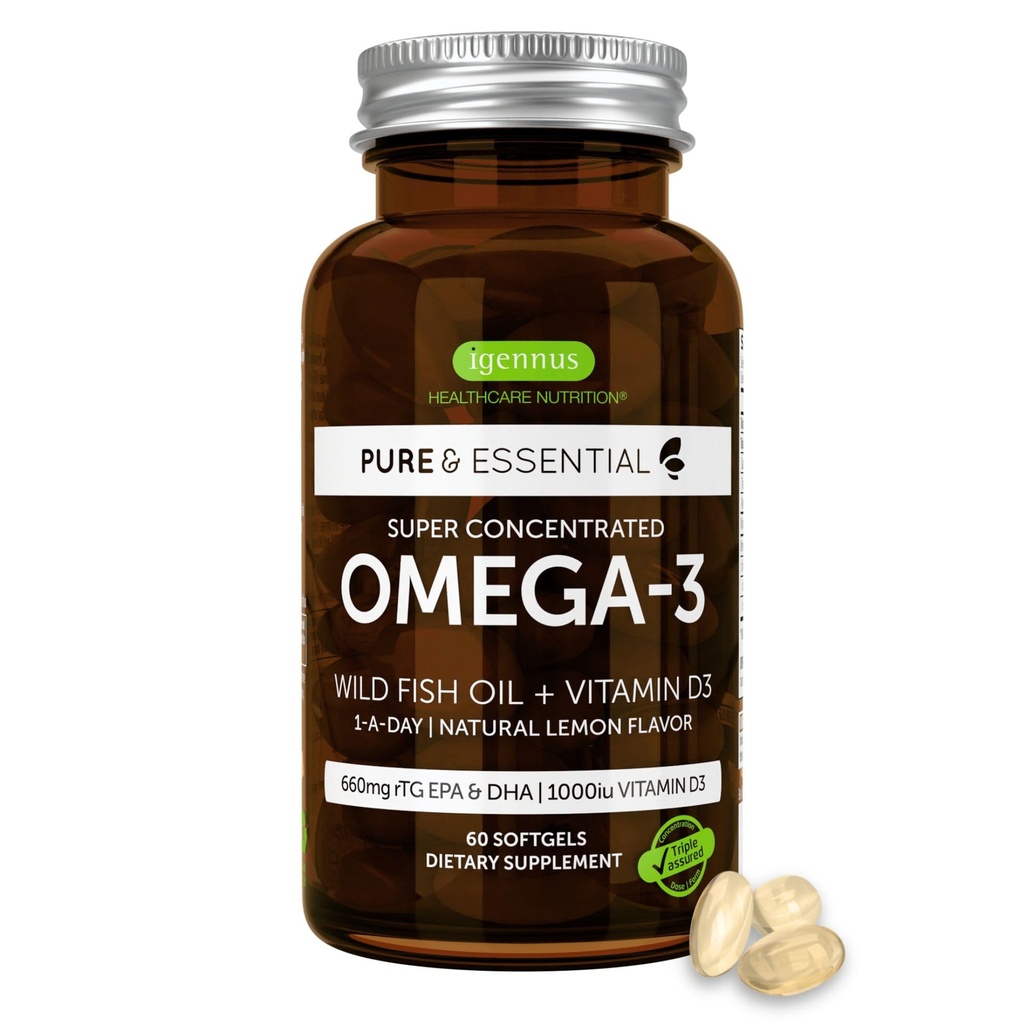 Igennus Advanced rTG Omega-3 IFOS Certified Wild Fish Oil & Vitamin D3, 1- a- Day, Fedtsyrer EPA & DHA, Fast- Actioning Triglycerid Form, Ultra Pure & Non- GMO, 60 Softgels