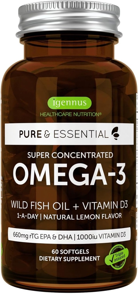 Igennus Advanced rTG Omega-3 IFOS Certified Wild Fish Oil & Vitamin D3, 1- a- Day, Fedtsyrer EPA & DHA, Fast- Actioning Triglycerid Form, Ultra Pure & Non- GMO, 60 Softgels