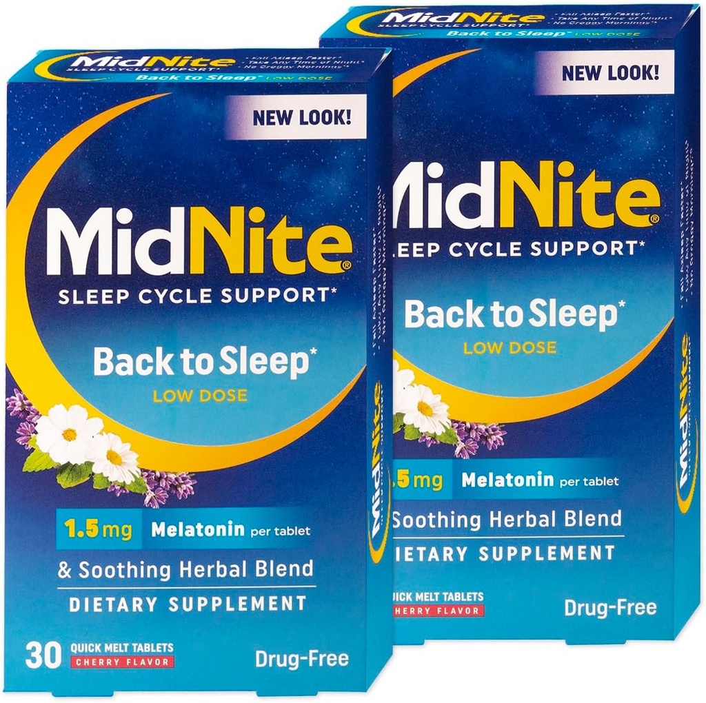 MidNite tilbage til søvn lav dosis, 1, 5 mg melatonin dvalestøtte, non- vane Danning, urtemedicin supplement For voksne, drug- fri, Glutenfri, Lactosefri, Vegetar, Vegan, 30 Quick Smelt tabletter 2 ct