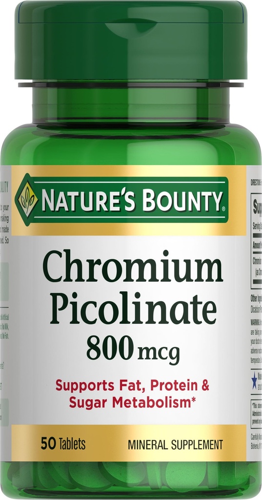 Nature 's Bounty Chrom Picolinate, Understøtter fedt, Protein & Sukker Metabolisme, Mineral Supplement, 800 mcg, 50 tabletter