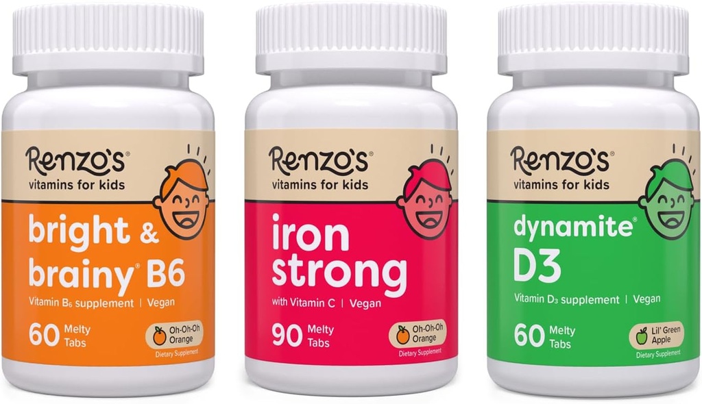Renzos Vitaminer Mægtige Kid Bundle - Iron Supplements for Kids, Vitamin D3 for Kids, og Bright & Brainy Vitamin B6