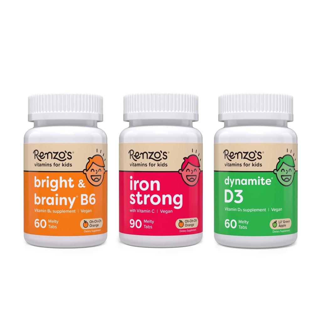 Renzos Vitaminer Mægtige Kid Bundle - Iron Supplements for Kids, Vitamin D3 for Kids, og Bright & Brainy Vitamin B6
