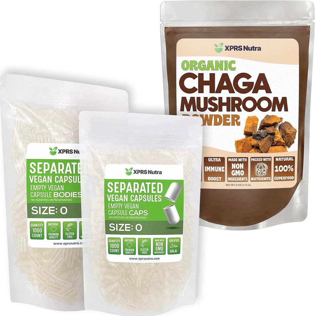 XPRS Nutra Separated Size 0 Capsules (1000 Count) with Chaga Powder (16 Ounce) Bundle