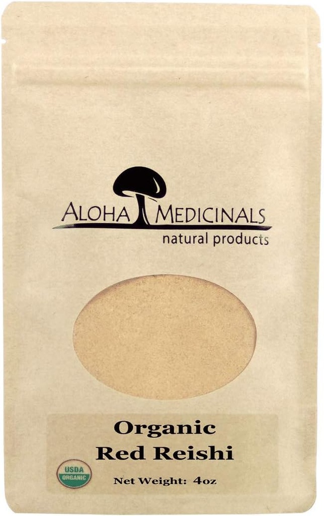 Aloha Medicinals Red Reishi, Organic Mushrooms Supplement, Understøtter immunsundhed, taske med 4 oz pulver