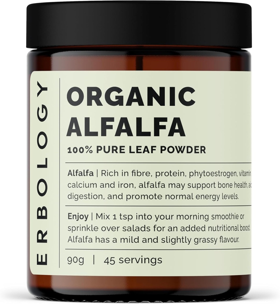 Erbologi Organic Alfalfa Powder 3.2 oz - 45 Servering - Understøtter Bone og Gut Sundhed - Rig i vitamin A, Calcium og jern - bæredygtigt souced straight fra Farm - Lille Batch - Vegan - GMO- Free