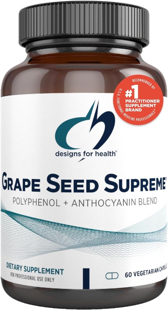 Designs for Health Grape Seed Supreme - 200mg Grape Extract Supplement med Grape Skin + Muscadine Grape - Non- GMO Polyphenol + Antocyanin Antioxidant Blend (60 kapsler)