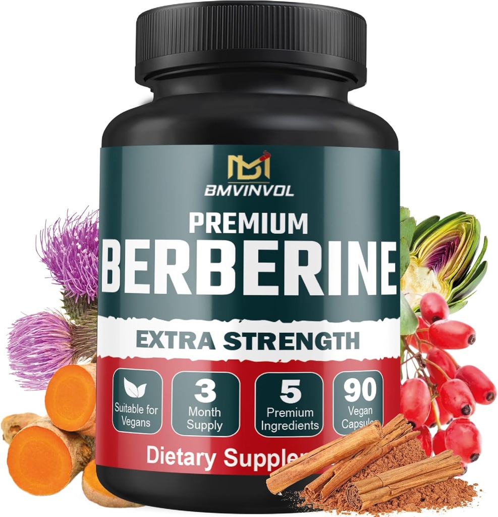 5-in-1 Berberine HCl med Ceylon Cinnamon, Milk Thistle, Gurkemeje, Artichoke - 90 kapsler til 3 måneders levering