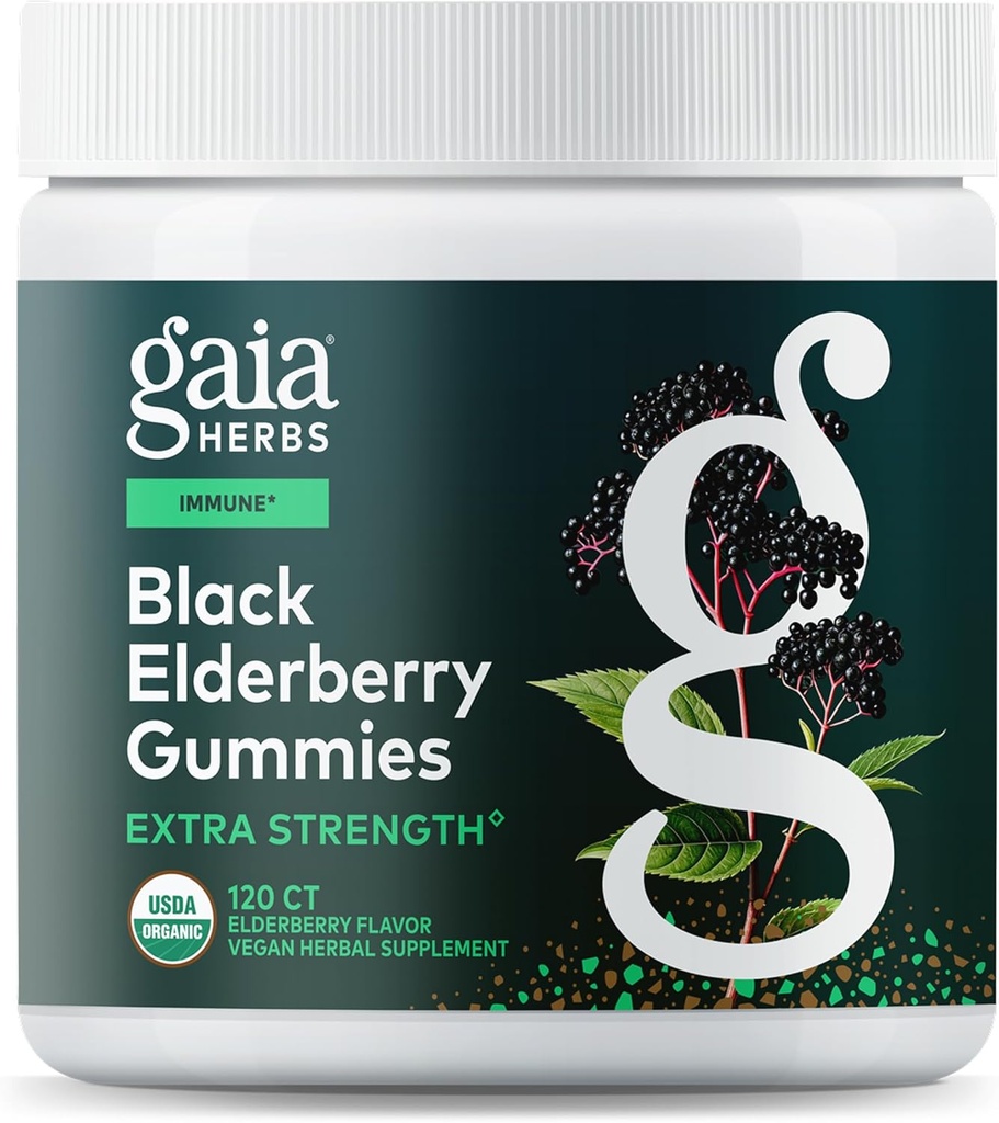 Gaia Urter Black Elderberry (Sambucus nigra) Ekstra styrke Gummier - Lækker immunforsvar supplement * - Lavet med Certified Organic Black Elderberries til immunsystemet support * - 120 Gummies