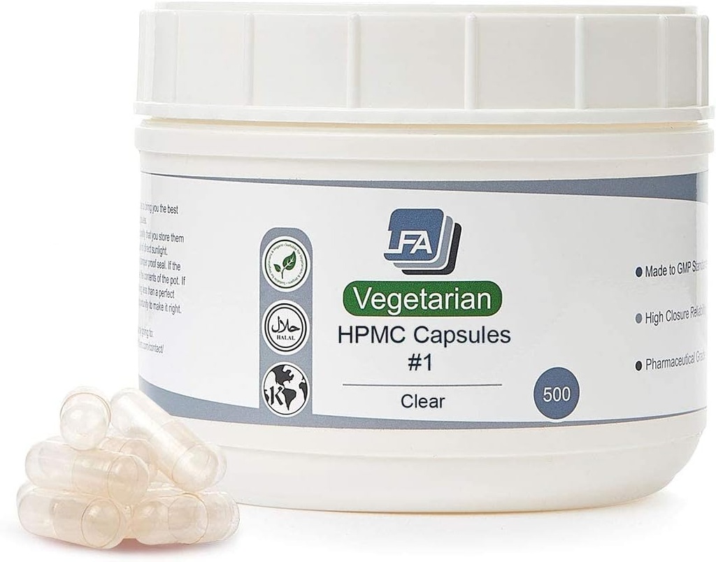 Tomme kapsler Størrelse 1 - Clear Vegan HPMC - 500 Greve - Fits Capsule Filling Machine Tray - Forenede Vegetar Caps Easy Snap for DIY Powder Supplement Pills - Halal Kosher Hypromellose