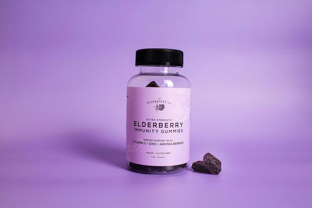 The Elderberry Co. Extra Strength Elderberry Gummies + Aronia Berries med vitaminer C, D, E og zink til All- Natural immunforsvar, Ingen kunstige ingredienser (60 Greve)