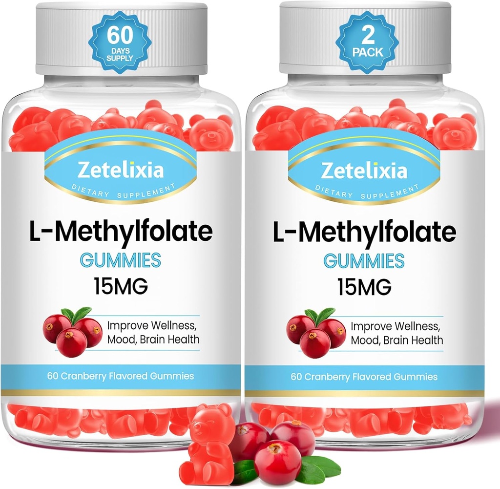 2 Pack L- methylfolat 15mg & Methyl B12 Gummies, Folate Supplement for Hjerne Sundhed, Mood & Immunity, DNA Syntese & Repair, Sugar Free, Vegan, Tranebær Flavor, 120 Greve