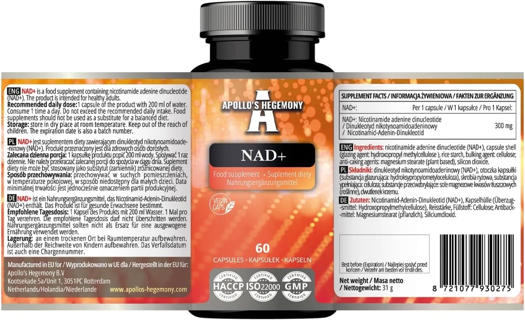 APOLLO 'S HEGEMONY NAD + 300 mg - Kozymatisk form af vitamin B3- 60 Vegankapsler - 2 måneder Supply - Nicotinamid Adenine Dinucleotid Diet Supplement
