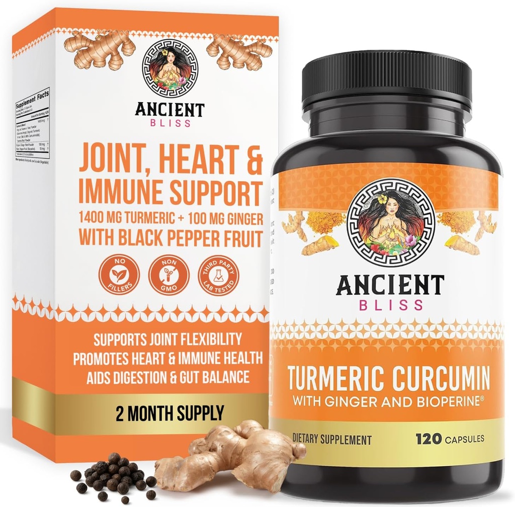 Gurkemeje med Ingefær & Bioperine, Gurkemeje med Sort Peber & Raw Gingefær Root Powder Capsule Supplement by Ancient Bliss (120 Kapsler)
