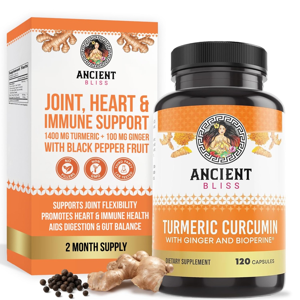 Gurkemeje med Ingefær & Bioperine, Gurkemeje med Sort Peber & Raw Gingefær Root Powder Capsule Supplement by Ancient Bliss (120 Kapsler)