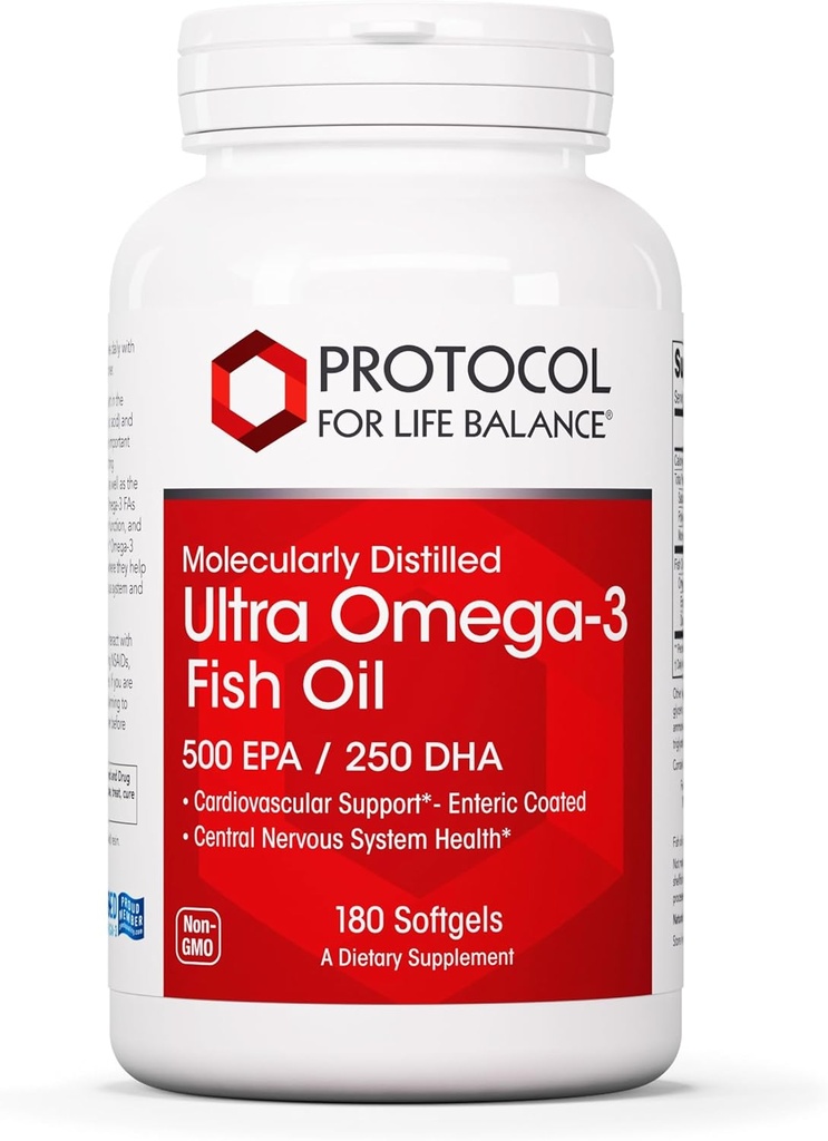 Protocol Ultra Omega- 3- 500mg EPA & 250mg DHA - Fish Oil for Brain Support, Heart & Nervesystemet Health * - EPA DHA Omega Supplement - Non- GMO & Halal - 180 Softgels