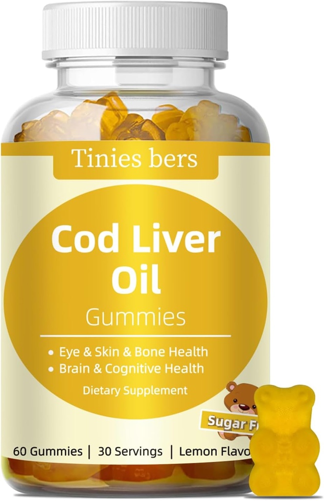 Torsk leverolie Gummies 1000mg, Sukker fri for voksne & børn, Omega- 3s & vitamin A & D for hjerne, kognitiv, hjerte & øje, ben sundhed, gluten fri, ikke GMO, Pektin, 60
