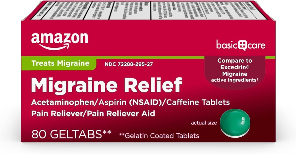 Basic Care Migræne Relief Geltabs til Allevaate Migræne Symptomer, Acetaminophen, Aspirin (NSAID) og Koffein, 80 Tæl