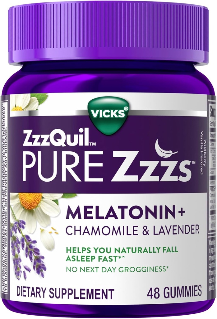 ZzzQuil Pure Zzzs Melatonin Gummies, Sleep Aid, Melatonin 2mg, med kamille & Lavendel, Melatonin Sleep Gummies, Sleep Aid for voksne, Wildberry Vanilla Flavored, 48 Sleep Gummies